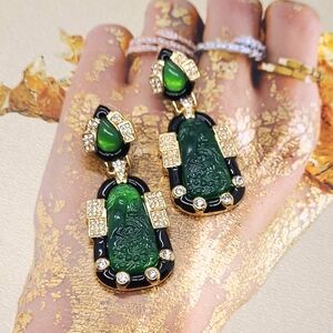 Vintage Estate Signed Monet Chinese Green Inlaid Bird Scene Gold Earrings